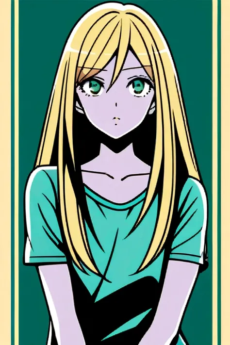 Female character with drawing style by Ai Yazawa (Creator of Mangas like Nana or Paradise Kiss) with long straight blonde hair, grayish green eyes, pale skin and slim build.