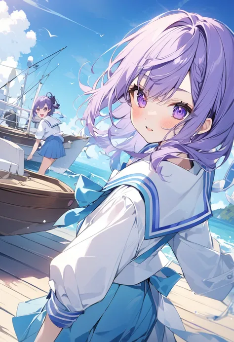 Keito。Purple Eyes。Purple Hair。Sailor suit。Boat