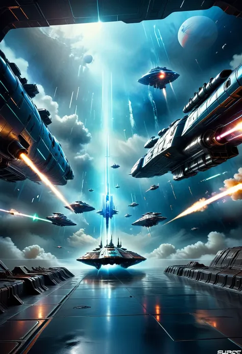 a massive space battle, vast fleet of futuristic spaceships, epic space opera, intense space combat, sleek advanced spacecraft, ...