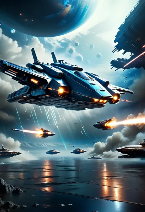 a massive space battle, vast fleet of futuristic spaceships, epic space opera, intense space combat, sleek advanced spacecraft, ...