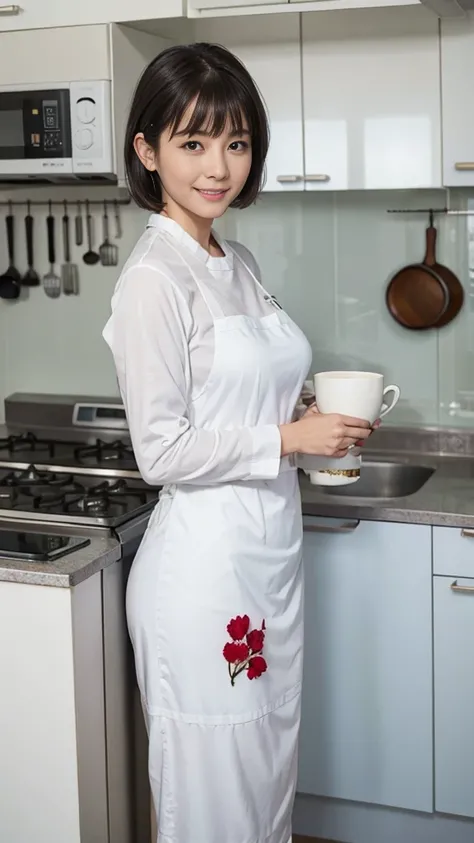 Browsing Caution:1.1、Active women, smile、Age: 40 years old, Mature Woman, Bake cookies in a sunny kitchen, Surrounded by flour, Stir the bowl、Huge breasts 、short hair、Black-haired、Wearing a white apron、Long Sleeve T-Shirt、((Tight clothing))、(blunt bangs)