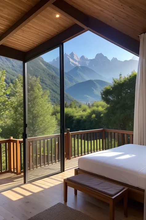 Chalet 7 is 100m2 and is entirely made of 360 degree glass, therefore it is decorated by the garden and the stunning mountain view, fenced with blackout curtains.