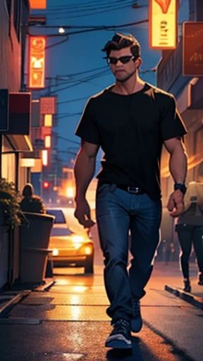 On a night in a large metropolis, a man is seen walking down the street, his name is Lucas, he has dark hair, wears a black t-shirt and jeans comic book illustration