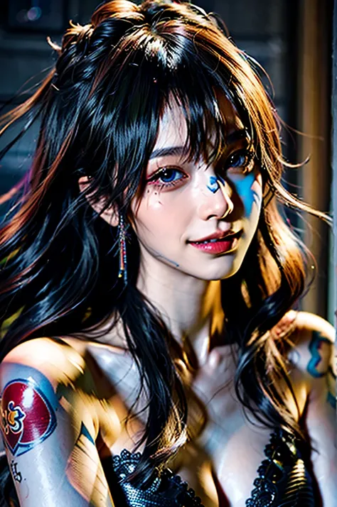 (masterpiece), best quality, ultra high res, close up, slim body, 1girl,, long hair, laughing, ramen, night, Tattoo on the face, colorful lights, photon mapping, radiosity, physically-based rendering, cinematic lighting, intricate, High Detail, Sharp focus...