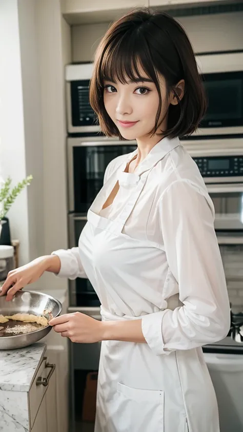 Browsing Caution:1.1、Active women, smile、Age: 40 years old, Mature Woman, Bake cookies in a sunny kitchen, Surrounded by flour, Stir the bowl、Huge breasts 、short hair、Black-haired、Wearing a white apron、Long Sleeve T-Shirt、((Tight clothing))、(blunt bangs)