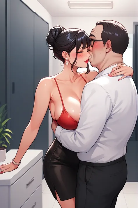 Hot sexy beautiful cute milf hugging with ugly fat old man in office cabin ,top,black pencil skirt, silver chandelier earrings,big breasts,  lipstick,makeup, black hair bun,two falling hair strands,blush,short hair 