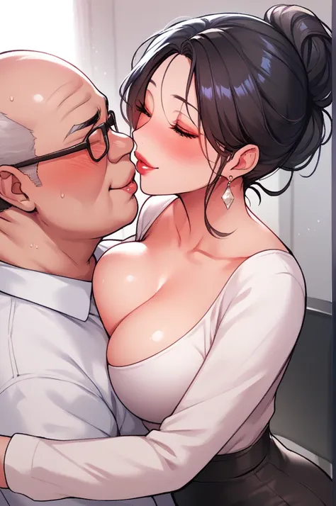 Hot sexy beautiful cute milf hugging with ugly fat old man in office cabin ,top,black pencil skirt, silver chandelier earrings,big breasts,  lipstick,makeup, black hair bun,two falling hair strands,blush,short hair 