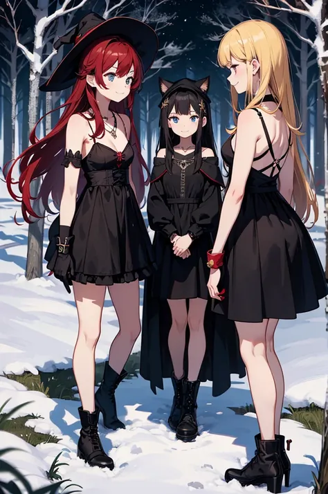 a group of beautiful witch girls in the middle of a forest in the night, tribal tattoo , red and black hair , standing girl young girl, gloves, elbow pads, boots, smiles, witch hat , small breasts, short black dress, necklaces, jewelry decorations , black ...