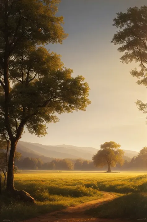 arafed view of a field with trees and bushes in the foreground, a matte painting by Carl Rahl, flickr, tonalism, intricate foreground, dramatic warm morning light, dramatic cold light, beautifully lit landscape, warm beautiful scene, extremely beautiful an...