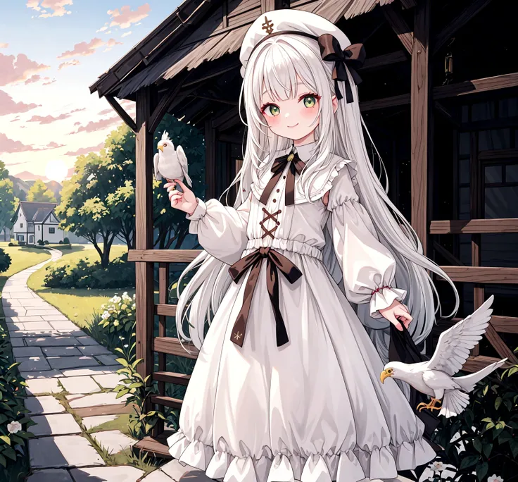 high quality, Sunset from the viewer&#39;s point of view, Behind the green orchard and cottage, there was a white-skinned girl of 20 years old.. Smiling brightly at the audience, She has long, shiny, straight white hair that reaches down to her waist.。Her ...