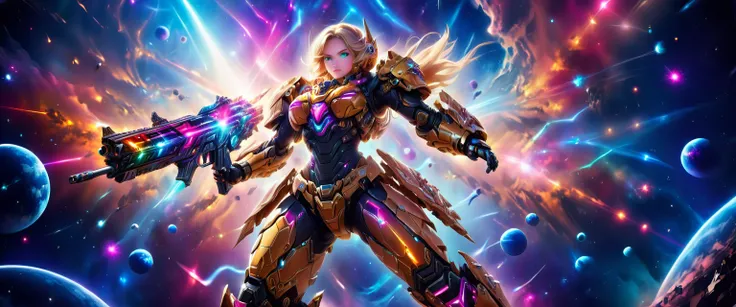 a female mech warrior in battle on a moon in space, full body shot, action shot, a tough and beautiful female mech warrior, short blond hair, dynamic eye color, intent gaze, ultra detailed face, best detailed face, she wears mech armor, and massive sci-fi ...