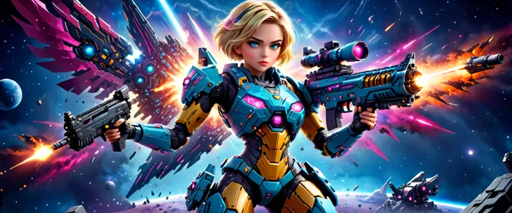 a female mech warrior in battle on a moon in space, full body shot, action shot, a tough and beautiful female mech warrior, shor...