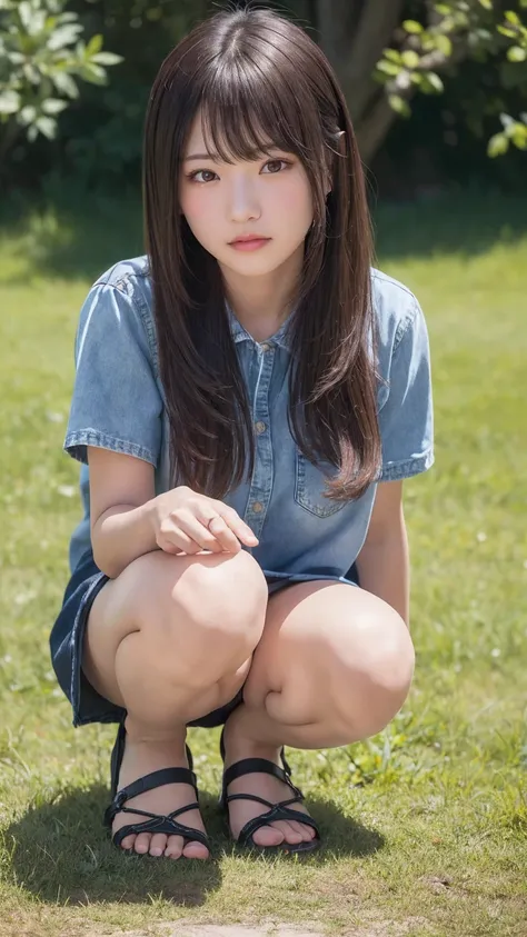 1 Female,((One girl)),((16 years:1)), cowboy_shot,(from_front:1.5),Eye of the worm,squat,自分のfeetを抱きしめる, On the grass,10 generations, Very young,純真なbeautiful少女たち, Idol&#39;s face, Delicate girl:1,feet,knees,(elegant_Sandals:1),(Tunic blouse:1.0), (Ruffled t...