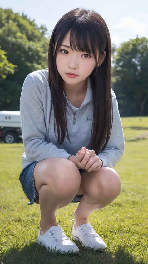 1 Female,((One girl)),((16 years:1)), cowboy_shot,(from_front:1.5),Eye of the worm,squat,自分のfeetを抱きしめる, On the grass,10 generations, Very young,純真なbeautiful少女たち, Idol&#39;s face, Delicate girl:1,feet,knees,(elegant_Sandals:1),(Tunic blouse:1.0), (Ruffled t...