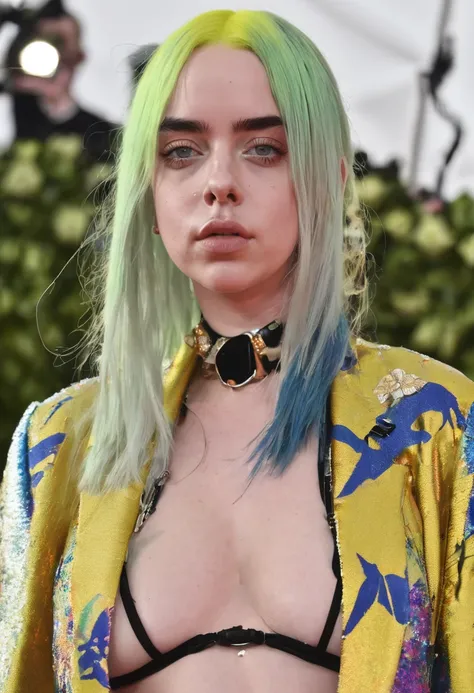 Make Billie Eilish with huge breasts wearing a bikini 