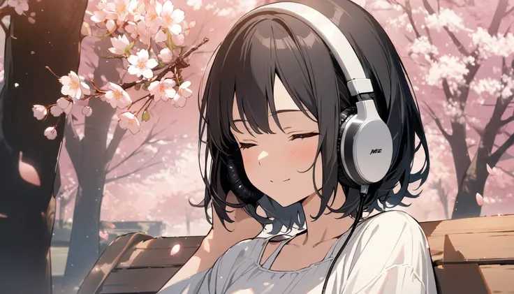 1girl, solo, gentle smile on her face flat chest, short hair, black hair, upper body, ((masterpiece, illustration, best quality)) ((best quality)), ((masterpiece)), (detailed), perfect face, sitting under the cherry blossom tree, listening to music, One wo...