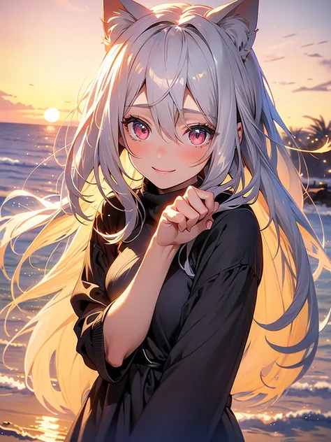 a highly detailed portrait of a pretty girl with medium breasts, a beautiful silver hair, pink eyes, and cat ears, smiling against a sunset beach landscape with an orange, pink, and yellow sky, palm trees swaying, seagulls flying, and a crystal clear sea g...