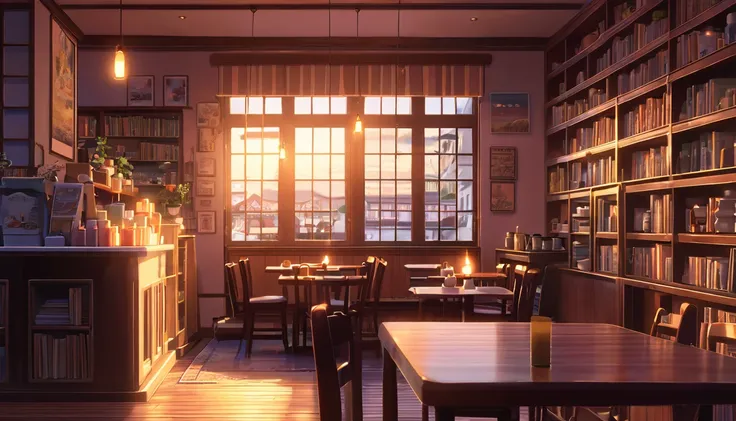 produce a lo-fi aesthetic anime illustration of a cozy and empty cafe during twilight, with book shelves, lit candles and a roar...