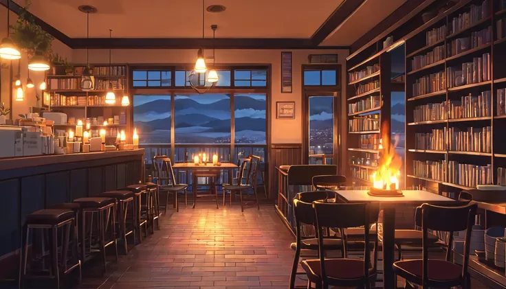 produce a lo-fi aesthetic anime illustration of a cozy and empty cafe during twilight, with book shelves, lit candles and a roar...