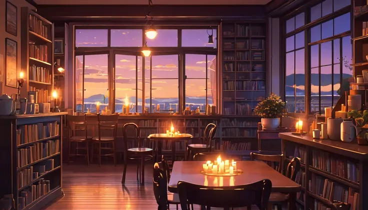 produce a lo-fi aesthetic anime illustration of a cozy and empty cafe during twilight, with book shelves, lit candles and a roar...