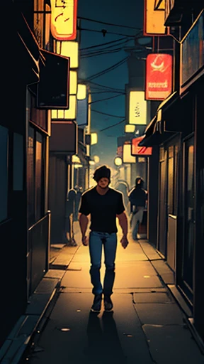 on a night in a large metropolis, a man is seen walking through the dark streets, his name is lucas, he has dark hair, wears a black t-shirt and jeans comic book illustration