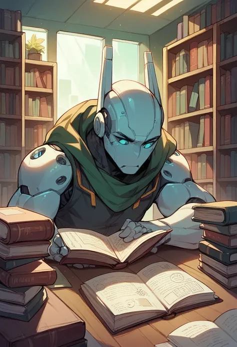 a futuristic style robot, reading a book, inside a library.