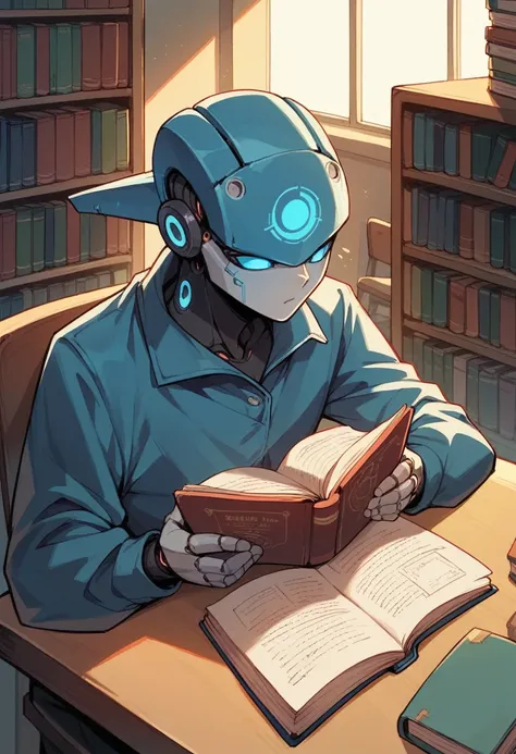 a futuristic style robot, reading a book, inside a library.