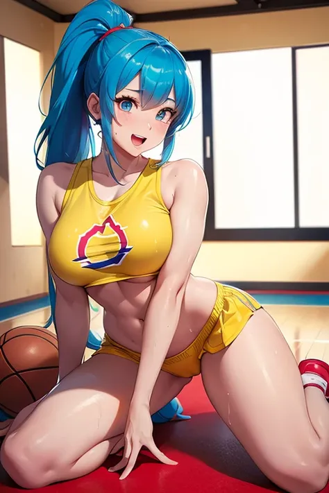 32k, master piece, best quality, BULMA,  in full body photo in sensual pose, big breasts, marked nipples,  body full of sweat, wet clothes, wearing a long ponytail, with red ribbon in her hair, blue pencil miniskirt with yellow, blue top with yellow edges,...