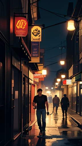 on a night in a large metropolis, a man is seen walking through the dark streets, his name is lucas, he has dark hair, wears a black t-shirt and jeans comic book illustration