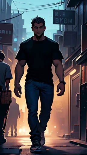 on a night in a large metropolis, a man is seen walking through the dark streets, his name is lucas, he has dark hair, wears a black t-shirt and jeans comic book illustration