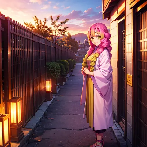 kanroji mitsuri stands alone, smiling and turning around in the city at dusk