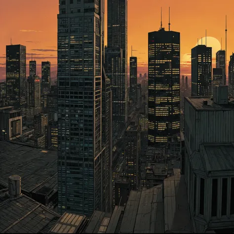 realistic illustration, sunset,  cyberpunk city, rooftop, (hip hop style),  intricate details, cinematic