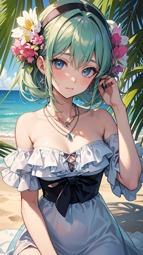 Official Art,(最high quality, masterpiece:1.2), エルフのポートレートphotograph、1 Girl, 最high quality, masterpiece, High resolution, [purple|Sliver|green] _hair, Swimsuit accessory, necklace, jewelry, Beautiful Face, I&#39;m looking forward to, Full body image, Realis...