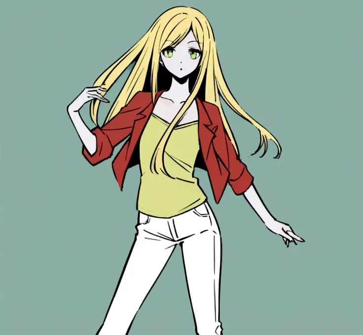 Female character with drawing style by Ai Yazawa (Creator of Mangas like Nana or Paradise Kiss) with long straight blonde hair, grayish green eyes, pale skin and slim build.