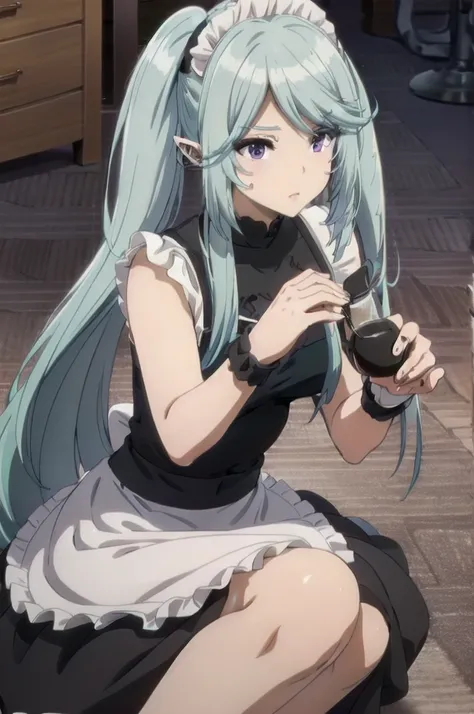 best quality, blue hair,,long hair,purple eyes,pointy ears,elf,,masterpiece, highres, solo, (maid:1.40), (long maid dress:1.15), anime_style, 14
