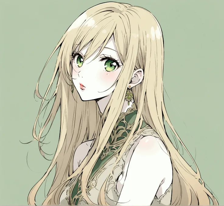 Female character with drawing style by Ai Yazawa (Creator of Mangas like Nana or Paradise Kiss) with long straight blonde hair, grayish green eyes, pale skin and slim build.