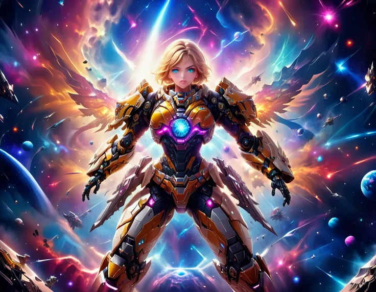 a female mech warrior in battle on a moon in space, full body shot, action shot, a tough and beautiful female mech warrior, short blond hair, dynamic eye color, intent gaze, ultra detailed face, best detailed face, she wears mech armor, and massive sci-fi ...