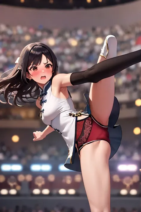 masterpiece, Highest quality, Confused, 1 girl, Looking at the audience,Embarrassed、、City、blush　　Surprised　China dress　Red panties　tights　From below　Black Hair　Black leg ((High Kick))　Perfect Legs　Beautiful legs　Cowboy Shot
