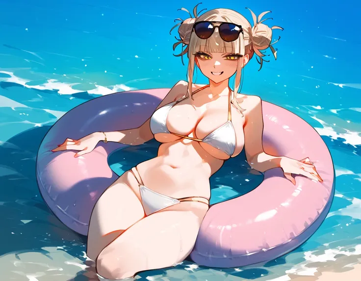 anime artwork, score_9, score_8_up, score_7_up, score_6_up, score_5_up, score_4_up, floox style    //////Himiko toga, big breasts, she is 24 years old, style_3, , , , naked, sunglasses, yellow eyes, solo, bikini , smile, in water, inflatable_flamingo, flam...