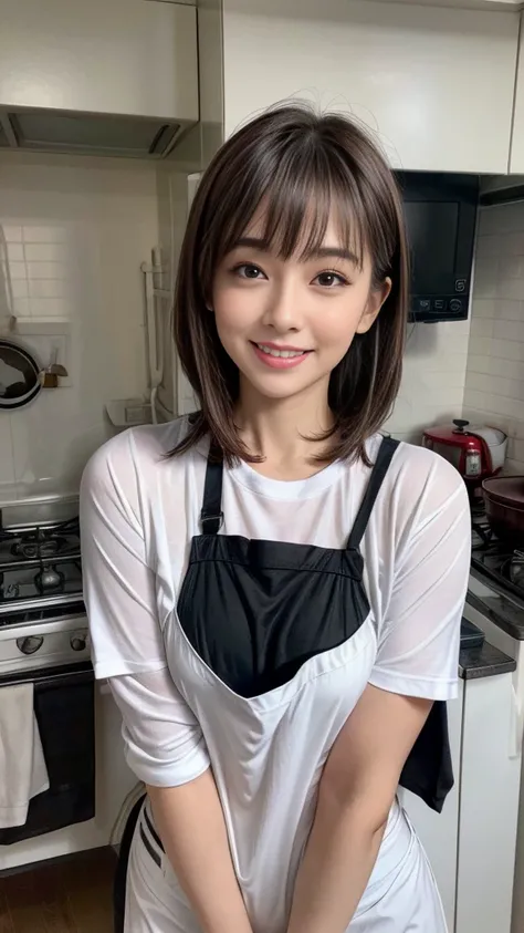 Browsing Caution:1.1、Active women, smile、Age: 40 years old, Mature Woman, Bake cookies in a sunny kitchen、Huge breasts 、Black-haired、Wearing a white apron、Long Sleeve T-Shirt、((Tight clothing))、(blunt bangs)