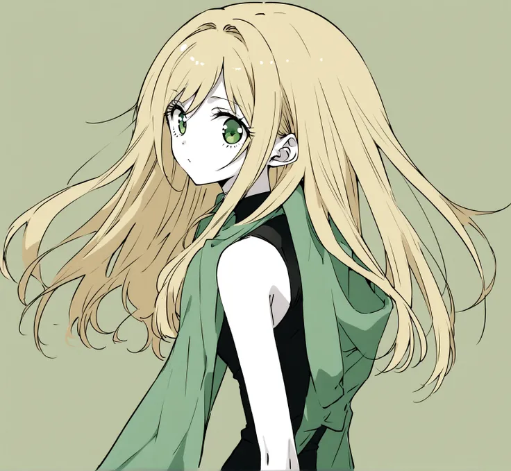 Female character with drawing style by Ai Yazawa (Creator of Mangas like Nana or Paradise Kiss) with long straight blonde hair, grayish green eyes, pale skin and slim build.