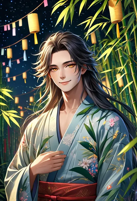 (masterpiece, 8K, Absurd, Digital Art, Digital Illustration, Realistic, Very detailed, Realistic lighting), (Perfect Face, Perfect Eyes, Perfect body), male,1 person、Miyabi、On the night of Tanabata, a young androgynous man with long hair stands in front of...