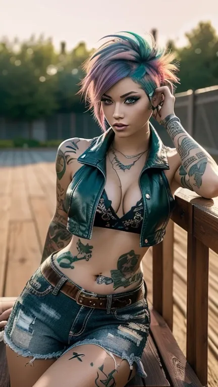 8k high resolution ultra detailed photography of a 35 year old punk woman with rainbow hair, 35 year old punk woman wears a cropped leather vest with tiger skin and jeans shorts with sexy leather chaps and cowboy boots, woman sits in full body pose on a wo...