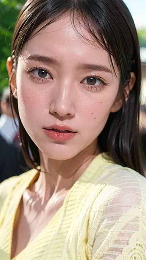 (((Realistic photograph))),, Portraiture, (Scary face:1.3),, beautiful girl, View your audience, , (school uniform:1.2), Buttoned shirt and trousers, , (Cleavage:1),, On the streets of Japan, (Environment details:1.3),, (RAWphotograph, CG unity, photograph...