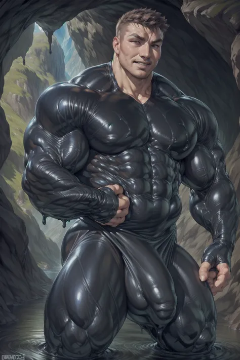 (bulgeJ8:tenting ,black slime latex suit,nude:1.5),(human head:1.5,light skin face:1.5,short hair:1.5,handsome:1.5),abs close up:2,random pose,sweat:1, best quality, (((in a black slime cave background))), detailed background, muscular male, big muscles,ch...