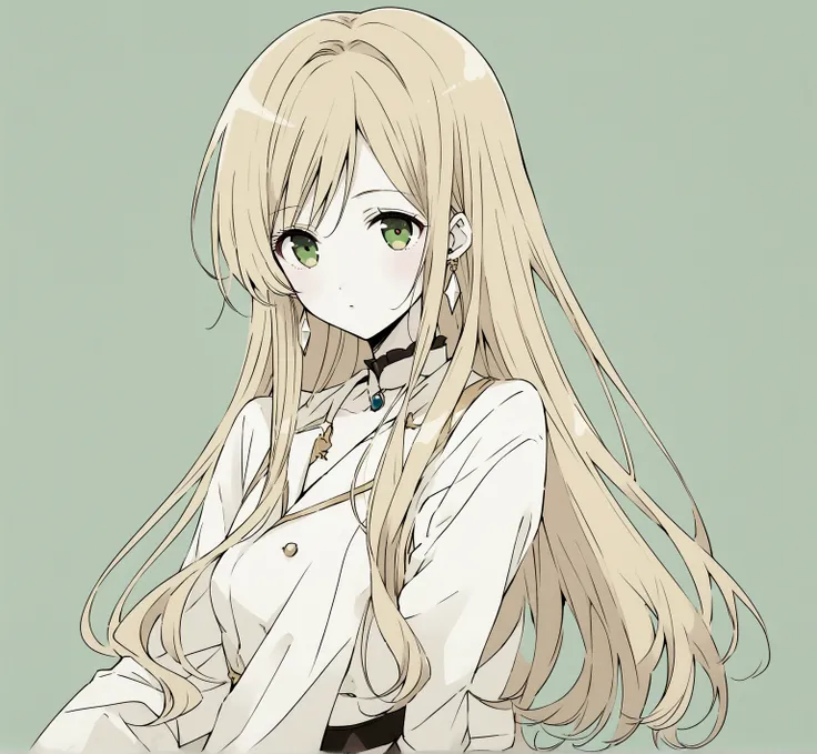 Female character with drawing style by Ai Yazawa (Creator of Mangas like Nana or Paradise Kiss) with long straight blonde hair, grayish green eyes, pale skin, white clothes and slim build.