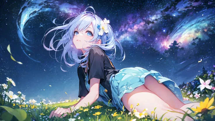 Describe a scene where a cute girl character is lying on a grassy hill, Looking up at the starry sky. Surround her with colorful nebulae and her favorite constellations.