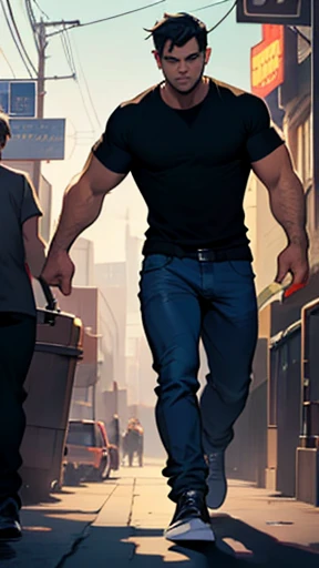 On a night in a large metropolis, a man named Lucas, he has dark hair, wears a black t-shirt and jeans, sees young people trying to rob an elderly person comic book illustration