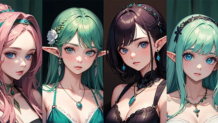 Elf、Official Art,(最high quality, masterpiece:1.2), Portrait Photography、3 Girls, 最high quality, masterpiece, High resolution, [purple|Sliver|green] _hair, Swimsuit accessory, necklace, jewelry, Beautiful Face, I&#39;m looking forward to, Full body image, R...