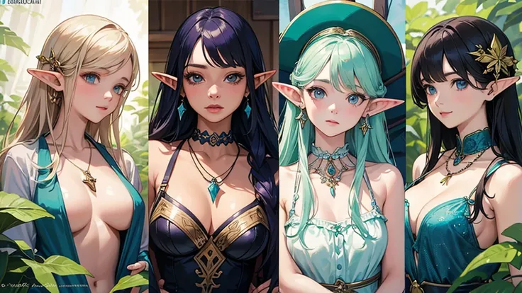 Elf、Official Art,(最high quality, masterpiece:1.2), Portrait Photography、3 Girls, 最high quality, masterpiece, High resolution, [purple|Sliver|green] _hair, Swimsuit accessory, necklace, jewelry, Beautiful Face, I&#39;m looking forward to, Full body image, R...